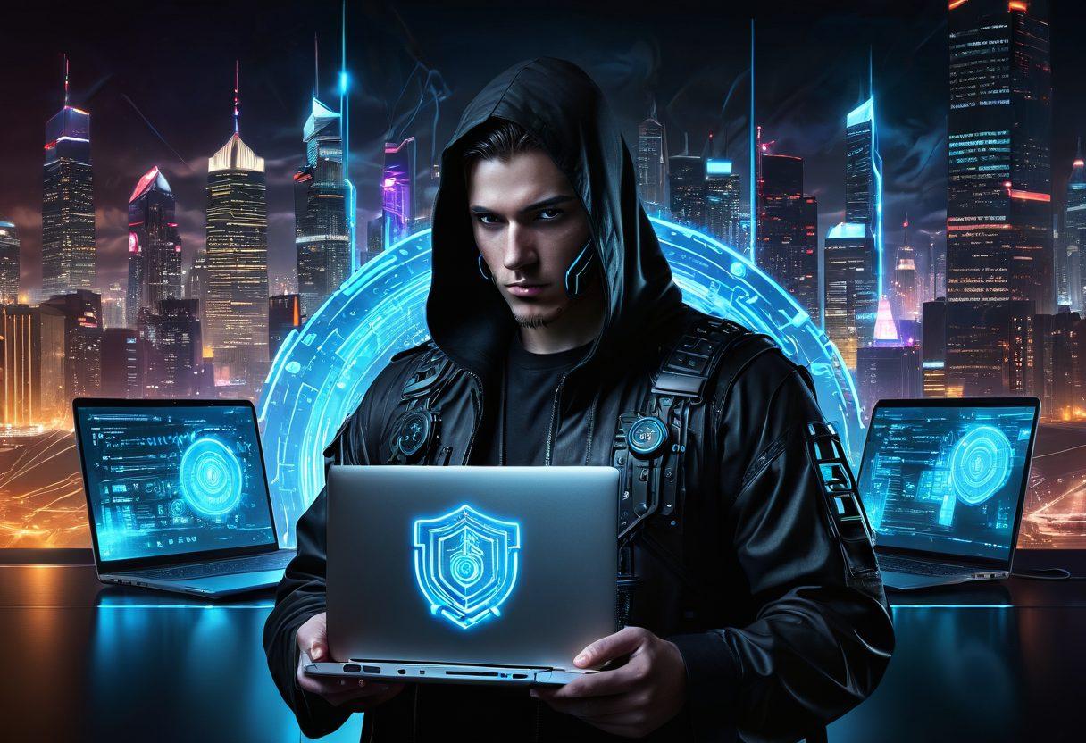 A digital fortress symbolizing cybersecurity, with a strong, protective shield surrounded by binary code and glowing locks. In the foreground, a figure representing a transformed individual stands confidently, holding a laptop and surrounded by holographic security symbols. The background features a darkened cityscape, signifying the cyber threats lurking beyond. Futuristic, cyberpunk style. vibrant colors. 3D.