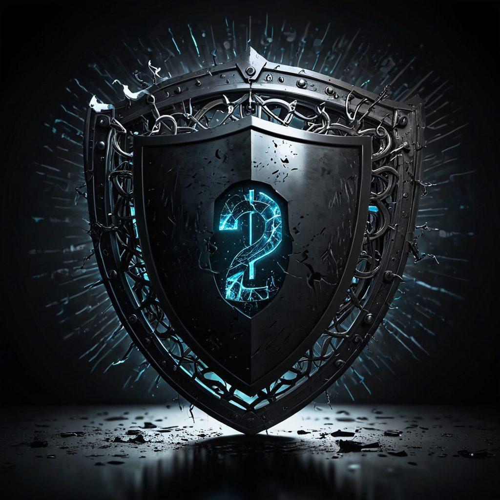 A cracked digital shield symbolizing cybersecurity, surrounded by shadowy figures representing hackers. The background is a swirling mix of binary code and fading lock icons, hinting at vulnerabilities. Add elements like a broken chain and a glowing question mark to illustrate uncertainty. The overall tone should be dramatic and thought-provoking. super-realistic. dark color palette. high contrast.