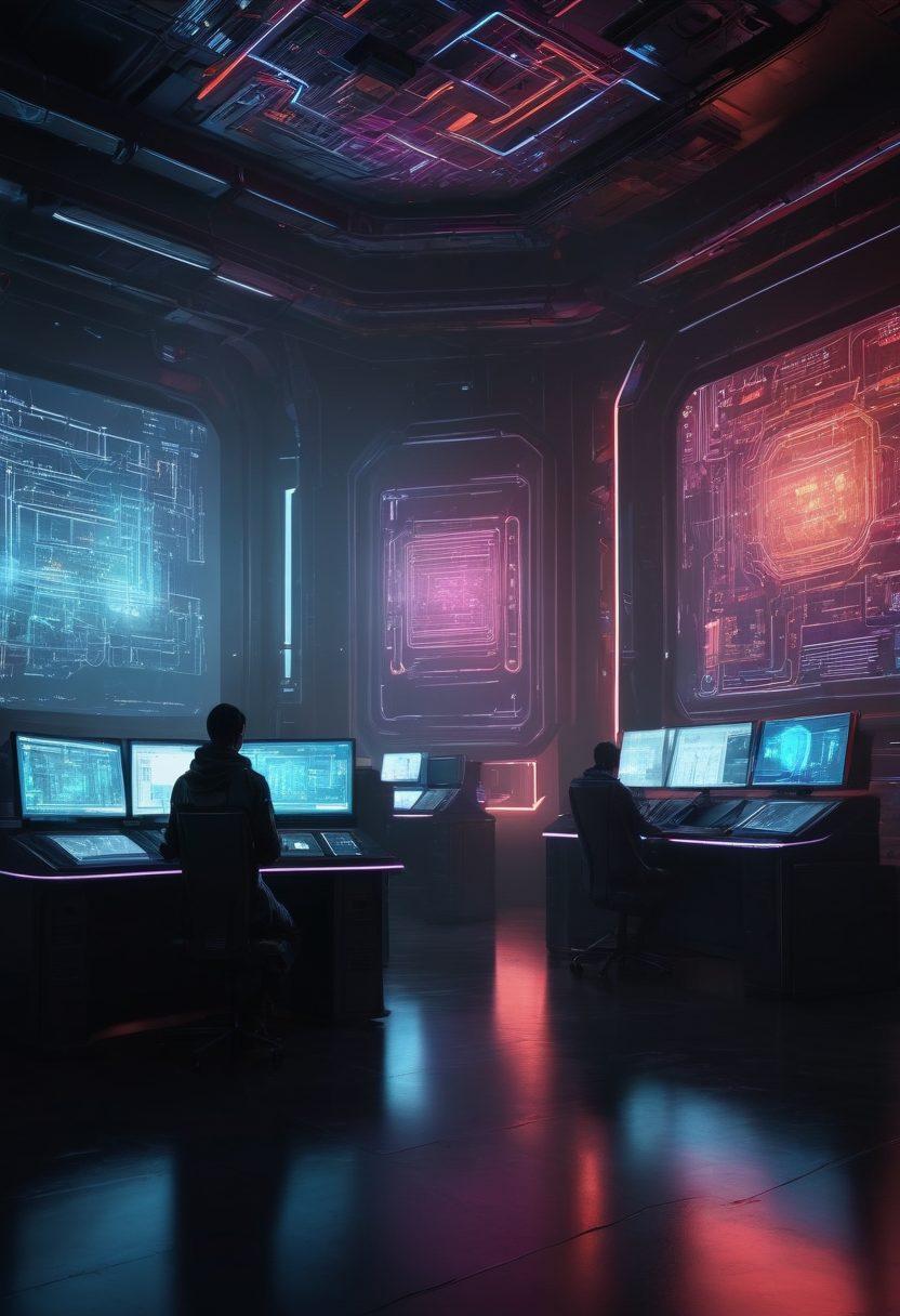 A digital fortress representing cybersecurity, surrounded by ominous shadowy figures symbolizing various threats. In the foreground, a vigilant figure monitors multiple screens displaying warning signs and data streams. The atmosphere is tense yet hopeful, highlighting the duality of danger and protection. Futuristic elements and circuit patterns seamlessly blend into the design. high-tech, cyberpunk, vibrant colors.